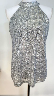Cable & Calibre PLATEADO Top M Lentejuelas Halter Cuello Alto Brillante Fiesta Sin Mangas Foto 1 de 4