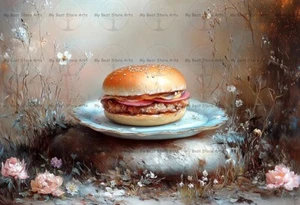 BURGER ON PLATE ART PRINT, Magical Flowers Poster, Kitchen Food Wall Decor E132 - Picture 1 of 4