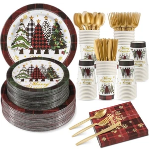 350 Pcs Christmas Paper Plates and Napkins Set, Buffalo Plaid Xmas Tree Dispo... - Picture 1 of 7
