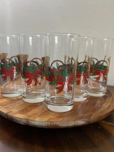Vintage Culver Christmas Highball Glasses – Set of 5 – Holiday Horn & Ribbon - Picture 1 of 7