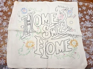 Vintage-HOME SWEET HOME-Blumen-KISSENBEZUG-handgemachte Stickerei auf Leinen-18 x 18 - Bild 1 von 11