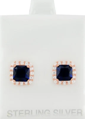 LAB CREATED 2.14 Cts BLUE & WHITE SAPPHIRES EARRING .925 SILVER (Rose) - NWT - Image 1 of 3