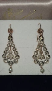 Antike Ohrringe Diamant 9KT Roségold & 925 Silber Edwardianisch Perlen  - Picture 1 of 4