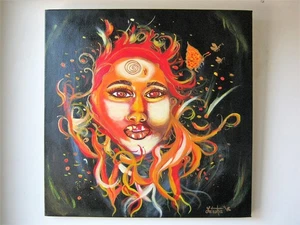 One of a Kind OOAK Original Acrylic Painting Face Portrait in Flames - Picture 1 of 5