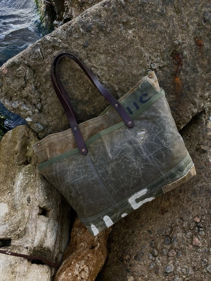 Reworked Heavy Duty Vintage Army Waxed Canvas Tote Bag Leather Handles Military - Image 1 of 4