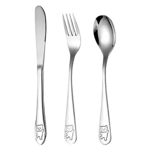 Kids Cutlery Set Stainless Steel Knife, Fork & Spoon With Engraved Bear - Picture 1 of 11