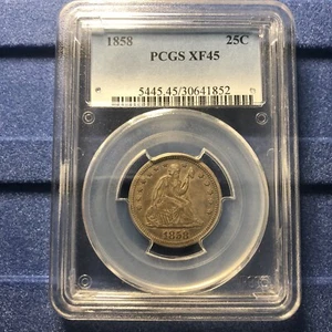 1858 PCGS XF45 Seated Liberty Quarter 25c - Nicely Toned, Chipped Slab - Picture 1 of 6