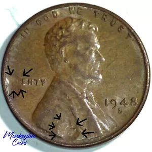 1948 S Lincoln Wheat Cent - Two Large Obverse Strike-Throughs - Rare Error Coin - Picture 1 of 5