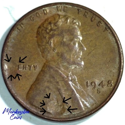 1948 S Lincoln Wheat Cent - Two Large Obverse Strike-Throughs  - Rare Error Coin - Image 1 of 4