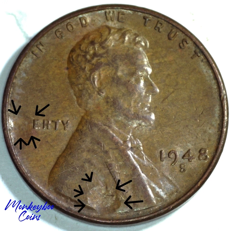 1948 S Lincoln Wheat Cent - Two Large Obverse Strike-Throughs  - Rare Error Coin - Image 1 of 4
