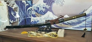 T10 Steel Katana Full Tang Clay Tempered, Leather Battle Wrap and Kumihimo Strap - Picture 1 of 12