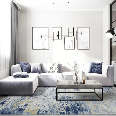 Extra Large Rug Blue Ivory Beige Coastal Modern Abstract Carpet Hall Runner Mat - image 1 of 4