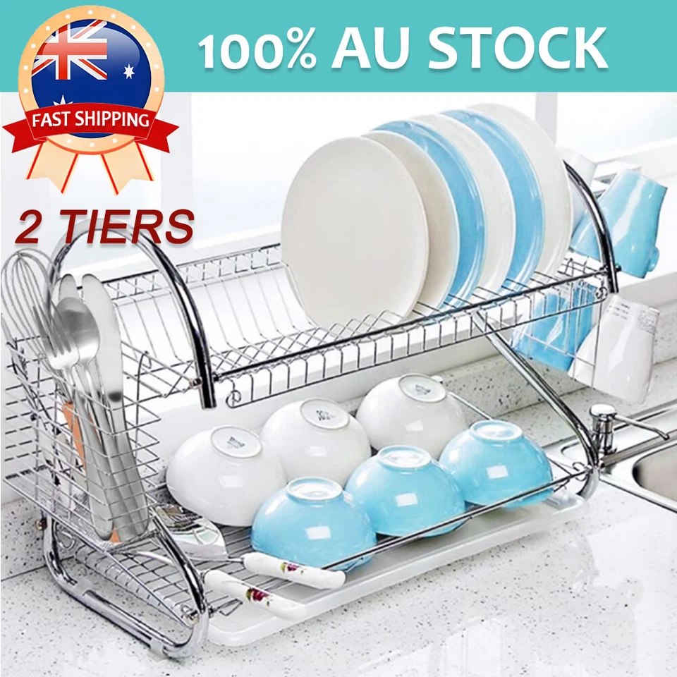 2 tier Dish Drying Rack Drainer Cup Plate Holder Cutlery Tray Kitchen Organizer - image 1 of 4