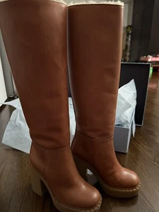 PRADA Tall Leather Boots Brown Size 37 Heels Platform Rare Authentic - Picture 1 of 10