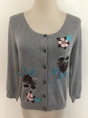 American Rag Cie Short Cardigan Sweater Gray Burgundy Pink Aqua Purple Floral M - Image 1 of 4