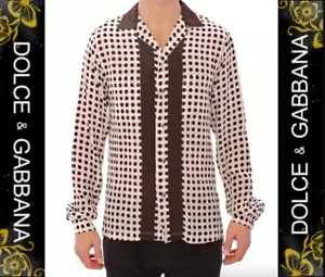 Dolce & Gabbana Polka Dot Print 100% Silk Shirt Ecru-Brown sz 16 1/2 - 42 Italy - Picture 1 of 17