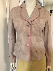 Anthropologie Elevenses Pink & Tan Striped Waistcoat Jacket W/Ruffled Back Hem 6 - Picture 1 of 5