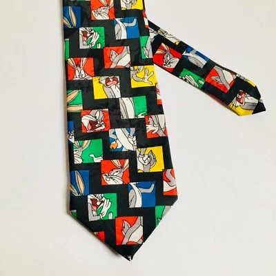 Estampillas de corbata de cuello vintage de los años 90 de Looney Tunes para hombre Warner Bros Bugs Bunny bloque de color Foto 1 de 3