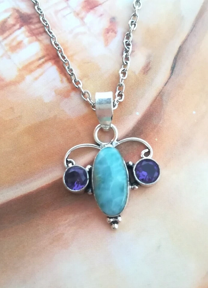 COLLANA CON CIONDOLO DI LARIMAR E AMETISTA, CATENA ARGENTO 925, PIETRE NATURALI - Immagine 1 di 4
