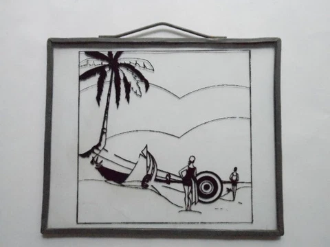 Vtg. Beach Scene Silhouette on Glass Reversible Painted Window Art Lead Frame Cover