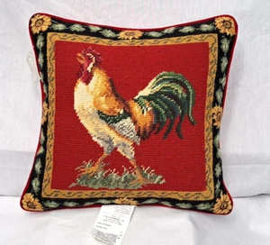 Needlepoint Rooster Throw Pillow With Red Velvet Back Zipper Closure Farm House - Picture 1 of 13