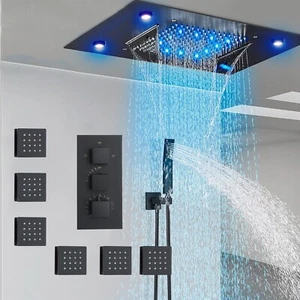 Luxury Shower Faucet Set Thermostatic Valve Remote Control LED Head W/Body Jets - Picture 1 of 10