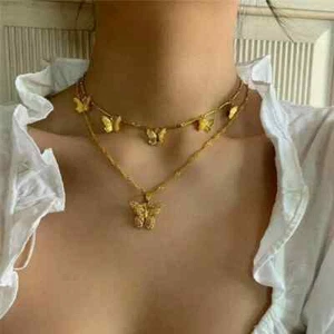 Boho Fashion Butterfly Choker Pendant Layered Woman's Necklace Gold Jewelry Gift - Picture 1 of 7