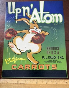 Upn' Atom California Carrots Label, NOS,M.L.. Kalich Co. Boxing Bunny - Picture 1 of 2