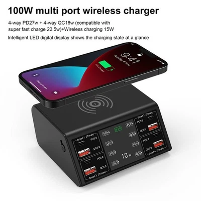100W Multi USB Type C PD QC 3.0 Fast Charger Station With 15W Wireless Charging - Image 1 of 4