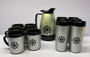 WEST BEND MCM Carafe Mugs And Tumble 13 Piece Set Silver Black Starburst - Picture 1 of 15
