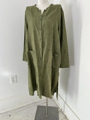 Eileen Fisher Large Green Organic Linen Lagenlook Delave Dress - Image 1 of 4