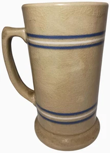 TAZZA FINE XIX SECOLO ANTICA AMERICANA IN GRES A RIGHE CON MANICO SMALTATO AL SALE, BLU/WHT - Foto 1 di 17