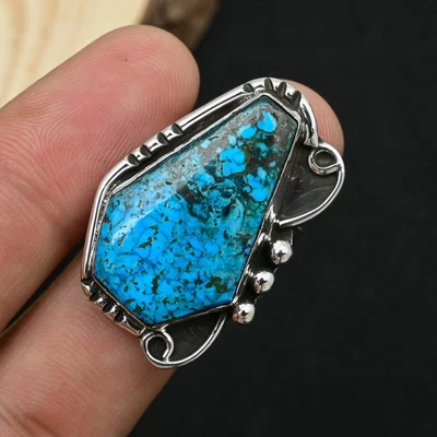 Anel de joias tibetano turquesa prata esterlina 925 feito à mão tamanho 7,5 EUA - Imagem 1 de 4
