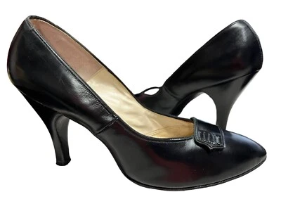 Sz 8 Vtg 50s Black Leather Shoes 3 3/4" Spike High Heels Featherlite Kerrybrooke - Image 1 of 4