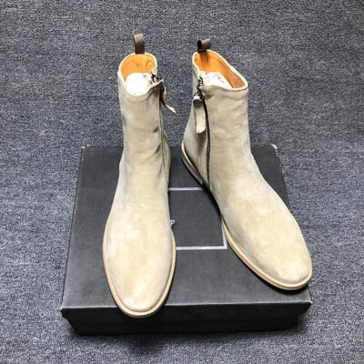 Estilo Retro Hombres Británico Occidental Gamuza Real Cuero Tobillo Chelsea Botas Cremallera Zapatos Foto 1 de 4