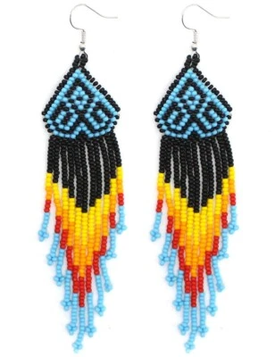 HANDCRAFTED BLACK TURQUOISE BLACK BEADED FASHION HOOK EARRINGS 5 INCHES E54/10 - Image 1 of 3