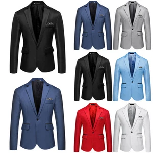 Men Business Formal Blazer Jacket Wedding Party One Button Smart Suit Coat Dress - Picture 1 of 18
