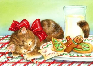 Merry Christmas Kitty Cat Kitten Naps Santa Cookies Greeting Cards - Set of 7 - Picture 1 of 3