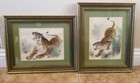 Vintage Asian Oriental Tiger Paintings On Silk/Cloth Framed Artwork Set Of 2