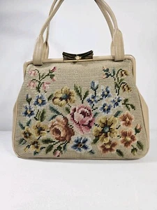 Vintage 50er Mid Century Needlepoint Floral Purse Handtasche Tasche Beige - Bild 1 von 13