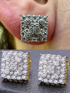 Iced Square Earrings Big 10mm Real 925 Silver 14k Gold Plated Studs Hip Hop Out - Picture 1 of 21