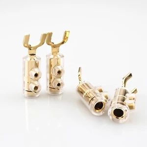4pcs Gold Plated Screw Lock Spade Plug HIFI Audio Speaker Cable Fork Connector - Picture 1 of 12