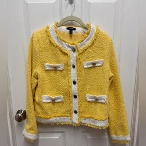 NWT Aqua Woman's Tweed Cropped Blazer Jacket Yellow and White with Gold Buttons - Picture 1 of 8