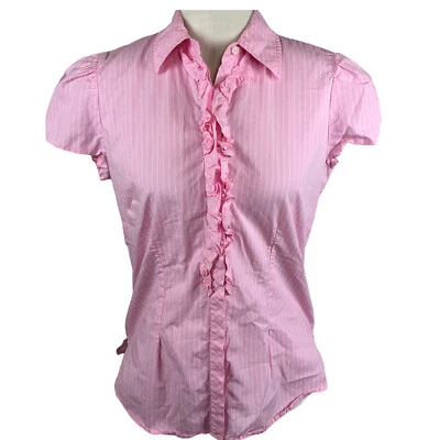 Camisa Willi Smith Mujer Mediana Manga Corta Botón Frontal Rosa Rayas Volantes Foto 1 de 4