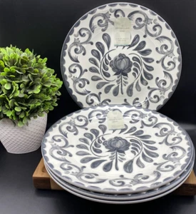 ARTISAN DE LUXE HOME MELAMINE Gray Rose Scroll 11” Dinner Plates (SET OF 4) - Picture 1 of 9