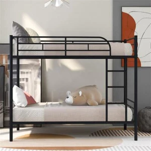 Twin Over Twin Metal Bunk Bed Bedroom with Ladder Black for Kids Adult Children - Picture 1 of 17