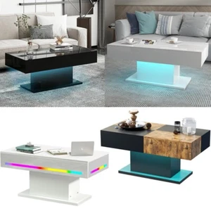High Gloss Coffee Table with LED Light Living Room Cocktail Sofa Center Table - Picture 1 of 87