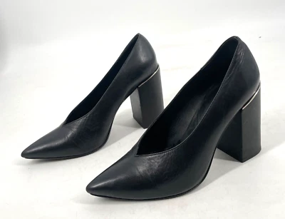 Zapatos de salón ALLSAINTS para mujer 39 Xerxes en ángulo de cuero negro bloque tacón alto V-VAMP Foto 1 de 4