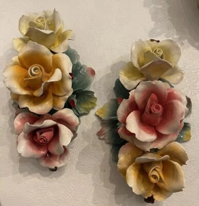 Vintage Capodimonte Italy Roses On Branch Twig Handpainted Porcelain Flowers - Picture 1 of 3