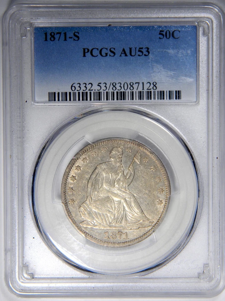 Medio dólar SEATED LIBERTY 1871-S ~ ¡BONITO PCGS ORIGINAL AU53! Foto 1 de 4